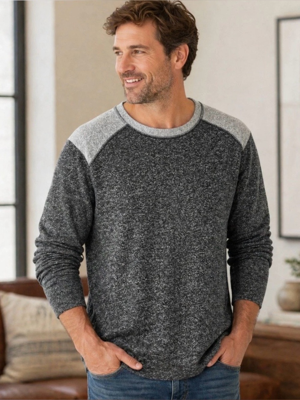Tommy Bahama Men’s Two-Tone Heather Navy Blue Crewneck Sweater